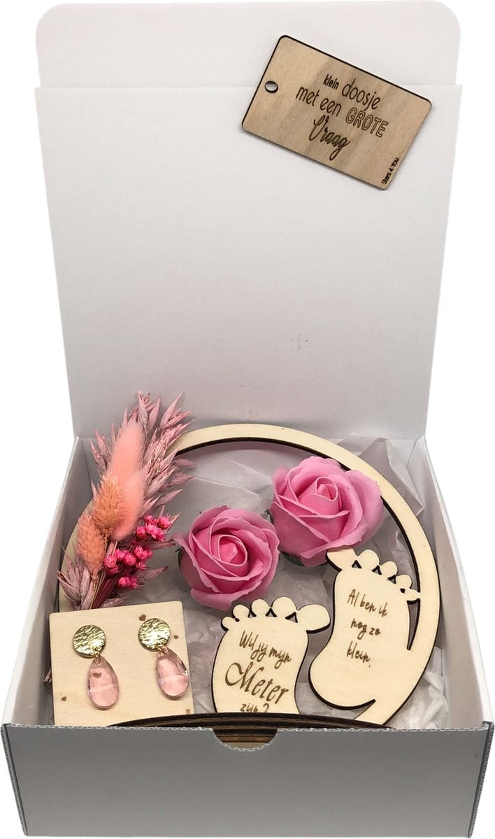 Geschenkbox Wil jij mijn METER zijn? met droogbloemen en oorbellen - Roze - Flowerhoop