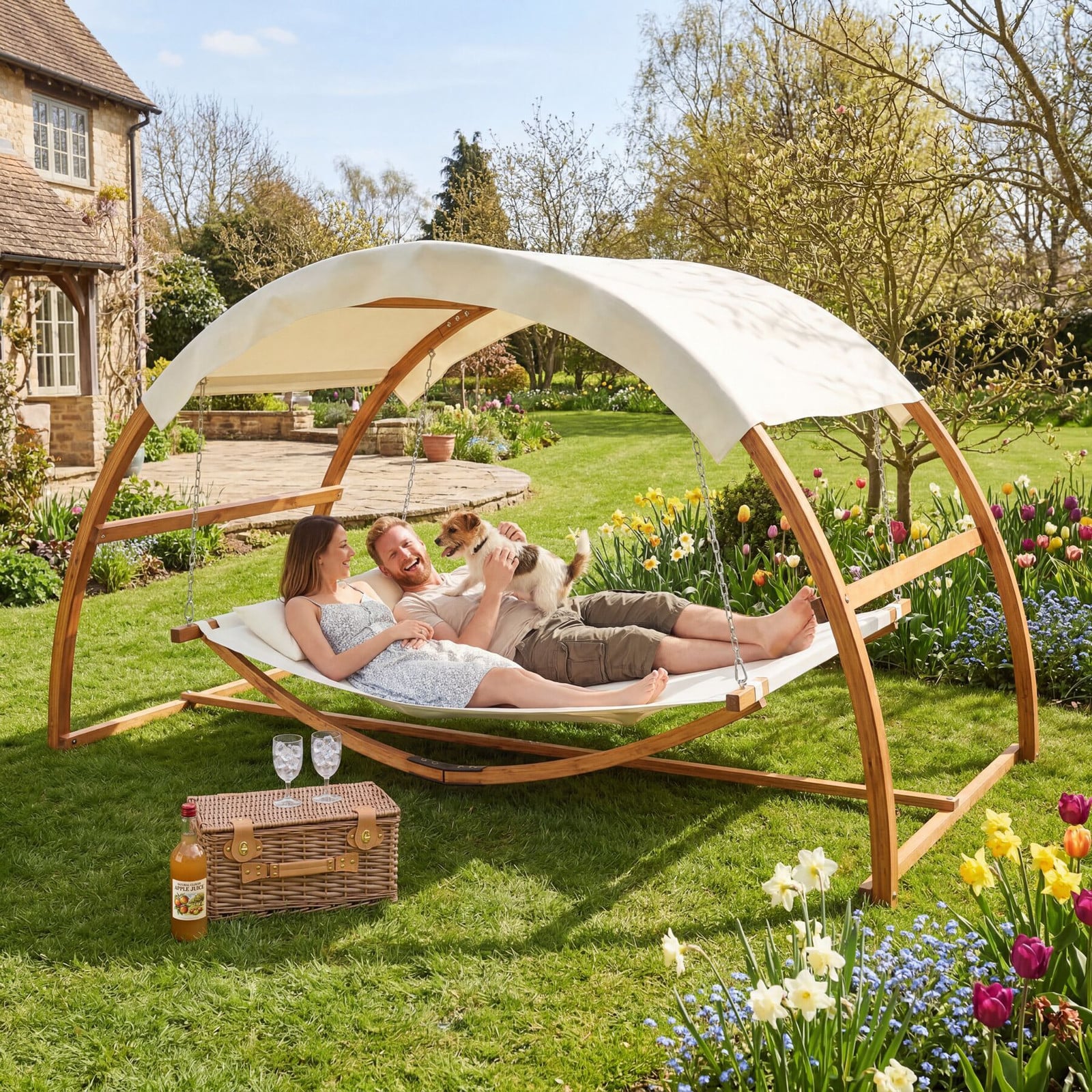 TecTake Hangmat Locarno voor 2 personen, Teak, B/D/H: 328 x 160 x 171,5 cm