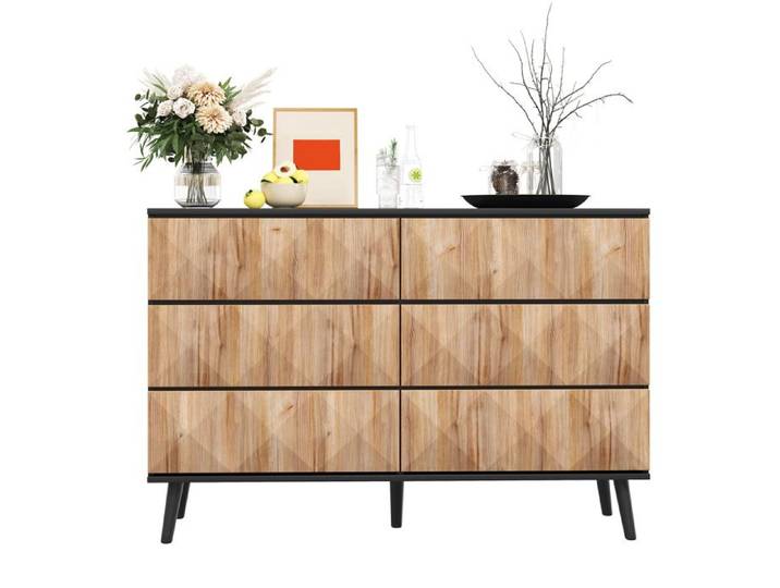Buffet bas sideboard 6 tiroirs 120 x 40 x 85 cm noir et bois naturel style industriel poignées discrètes