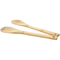 Salatbesteck HWC-C12, Besteck Küchenzubehör Servierbesteck Gabel Löffel 2-teilig, Bambus 1x6x30cm
