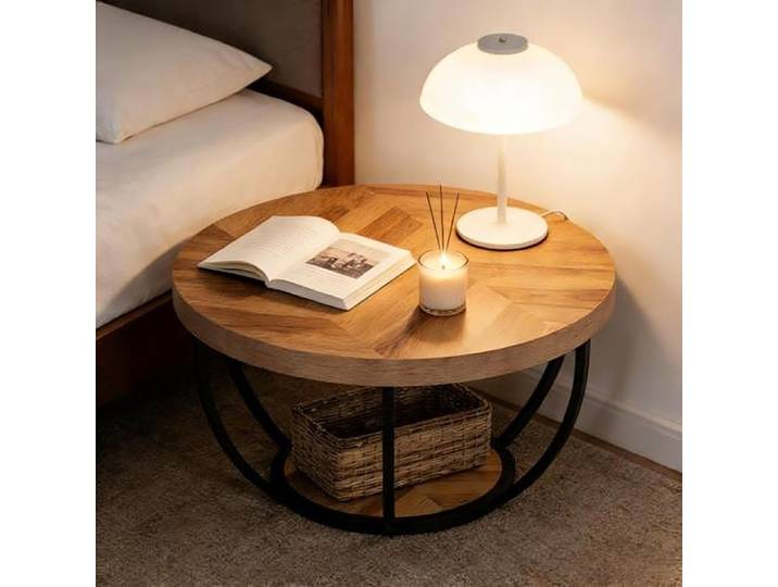 Table Basse Ronde BELLEMAVE - Table Basse en Bois à 2 étages - Base Métallique - Table de Salon - Ø80.49 x H43.99 cm - Bois Naturel