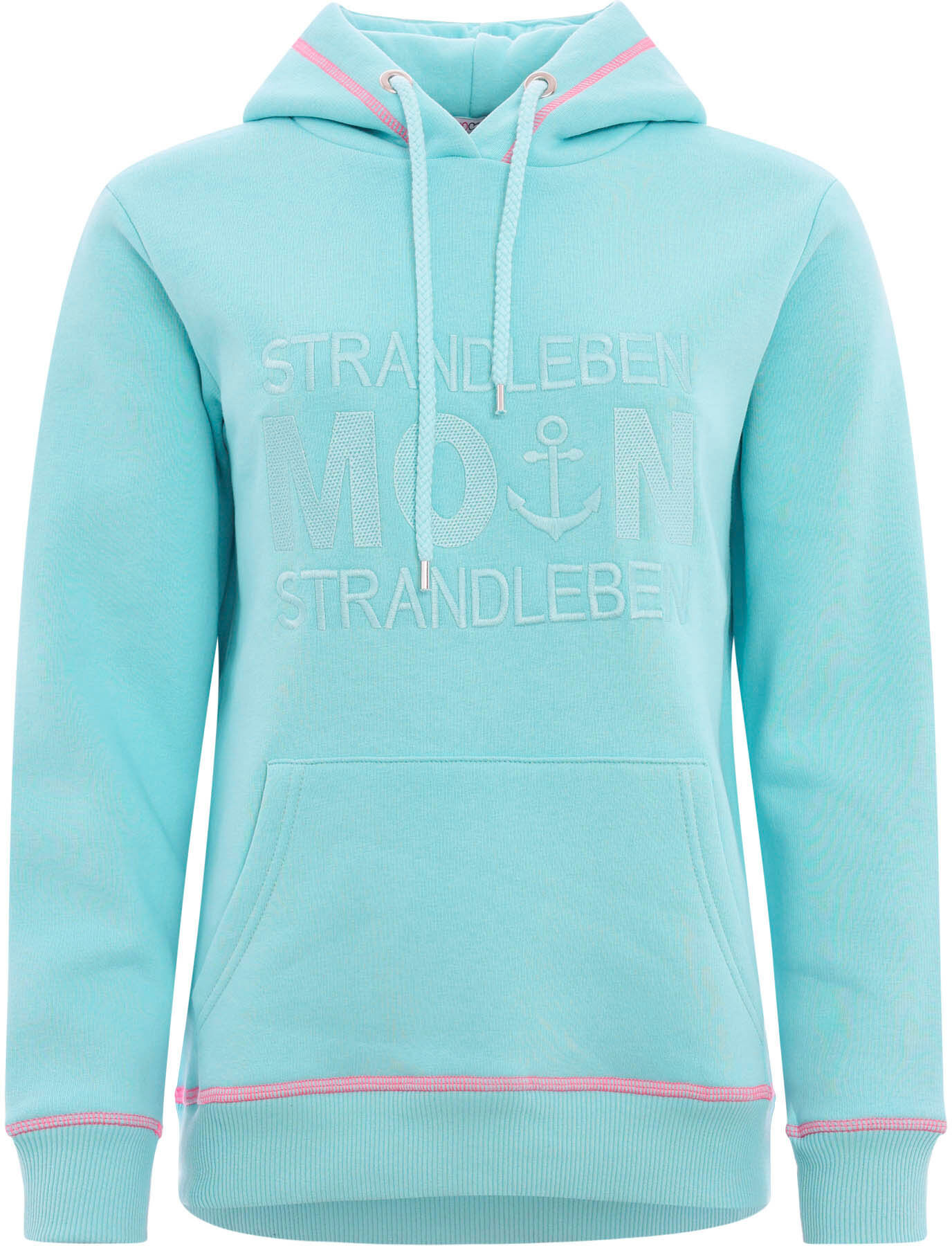 Hoodie ZWILLINGSHERZ "Strandleben Moin", Damen, Gr. XS, blau (türkis), Sweatware, Obermaterial: 50% Baumwolle, 50% Polyester, unifarben mit Farbeinsatz, regular fit normal, hoch geschlossener Ausschnitt, angesetztes Bündchen, Sweatshirts Hoodie, mit gesti