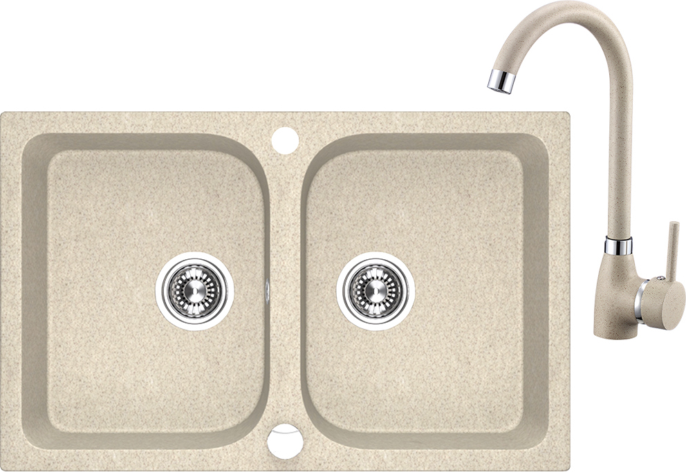 BADLAND SET Spültischarmatur und Granitspüle Doppelbecken CELIA 48x76 Beige | Siphon im SET!