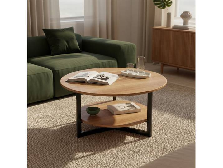 skølm Couchtisch Drakkar aus Massivholz Eiche mit Metallgestell, Wohnzimmertisch Ø70 cm mit 2 Ablageflächen