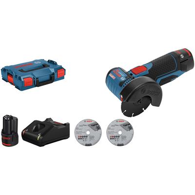 Akku-Winkelschleifer BOSCH PROFESSIONAL "GWS 12V-76", schwarz (schwarz, blau), B:36cm H:88cm L:20,2cm, Schleifmaschinen, mit 2 Akkus und Schnellladegerät