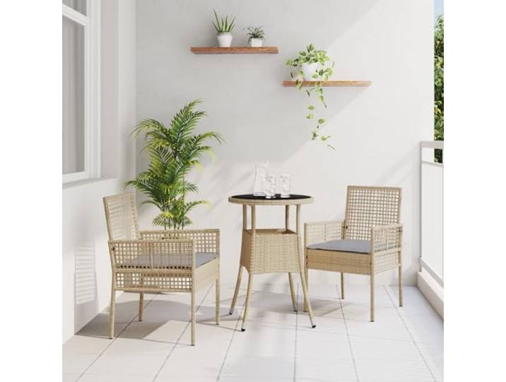 HEFZGDB Garten-Esszimmer-Set aus Poly-Rattan mit Kissen, Beige und Hellgrau, Rundtisch für Balkon und Terrasse, Wetterfest und UV-Beständig, Pflegeleicht und Komfortabel