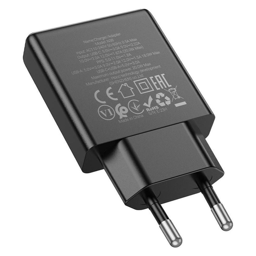Hoco Adapter slim wall charger USB A + Type C PD QC3.0 3A 20W N38 black (20 W, 2 Ports) (61074534)