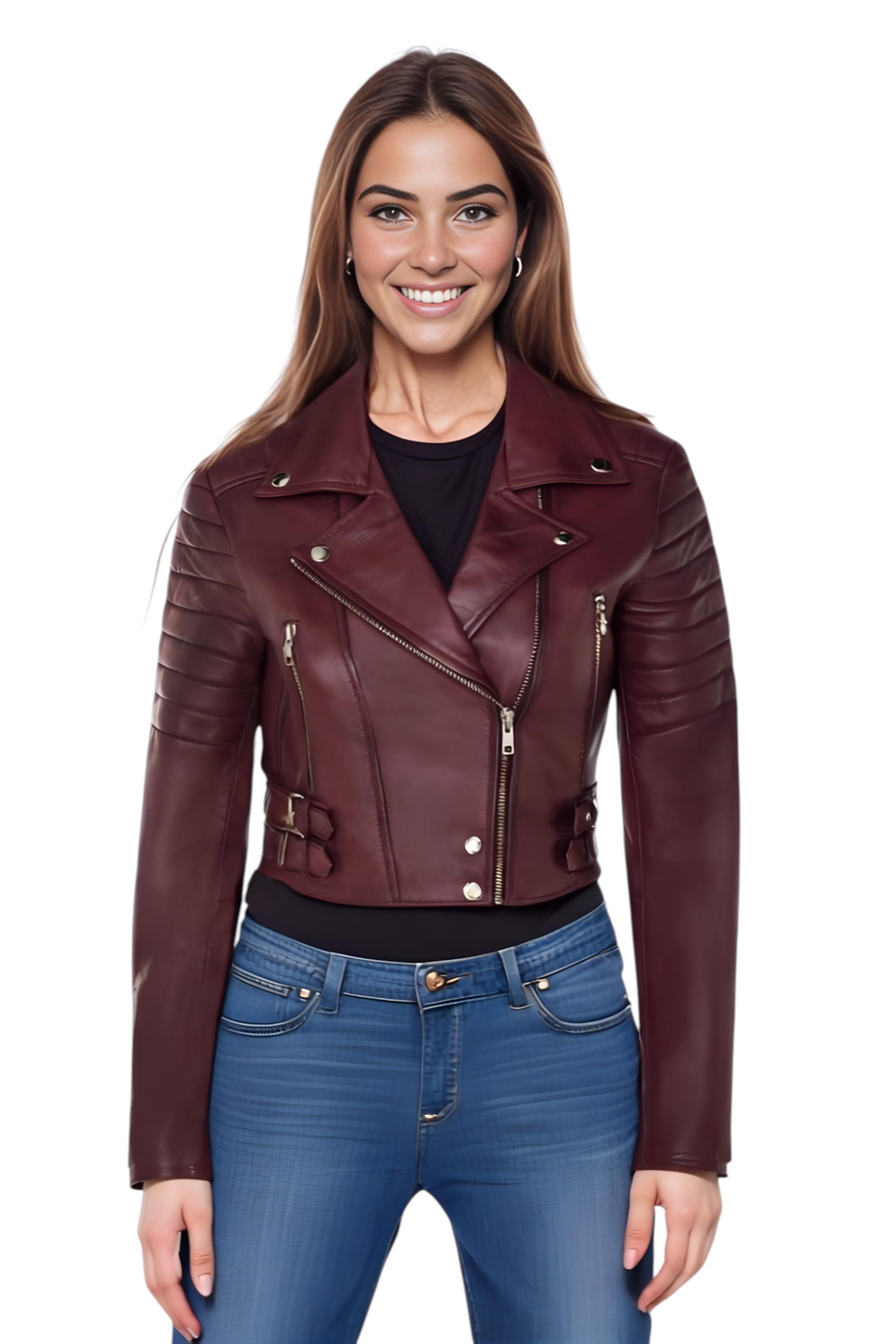 Dames Burgundy Cropped Brando leren bikerjack - Bellville