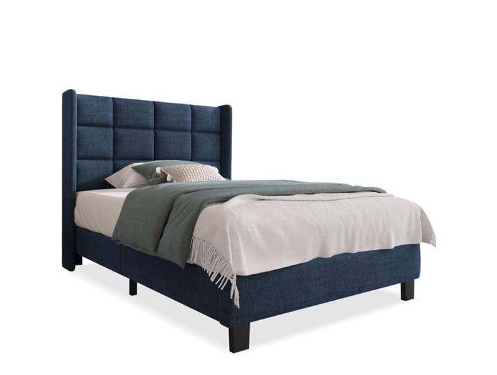 Lit adulte 90x200 cm - Lit simple avec sommier à lattes en lin bleu - design moderne