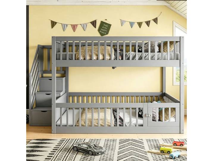 Bladez - Lit superposé pour enfants 140 x 200 cm pour adolescents avec échelle de rangement et tiroirs en bois massif - gris