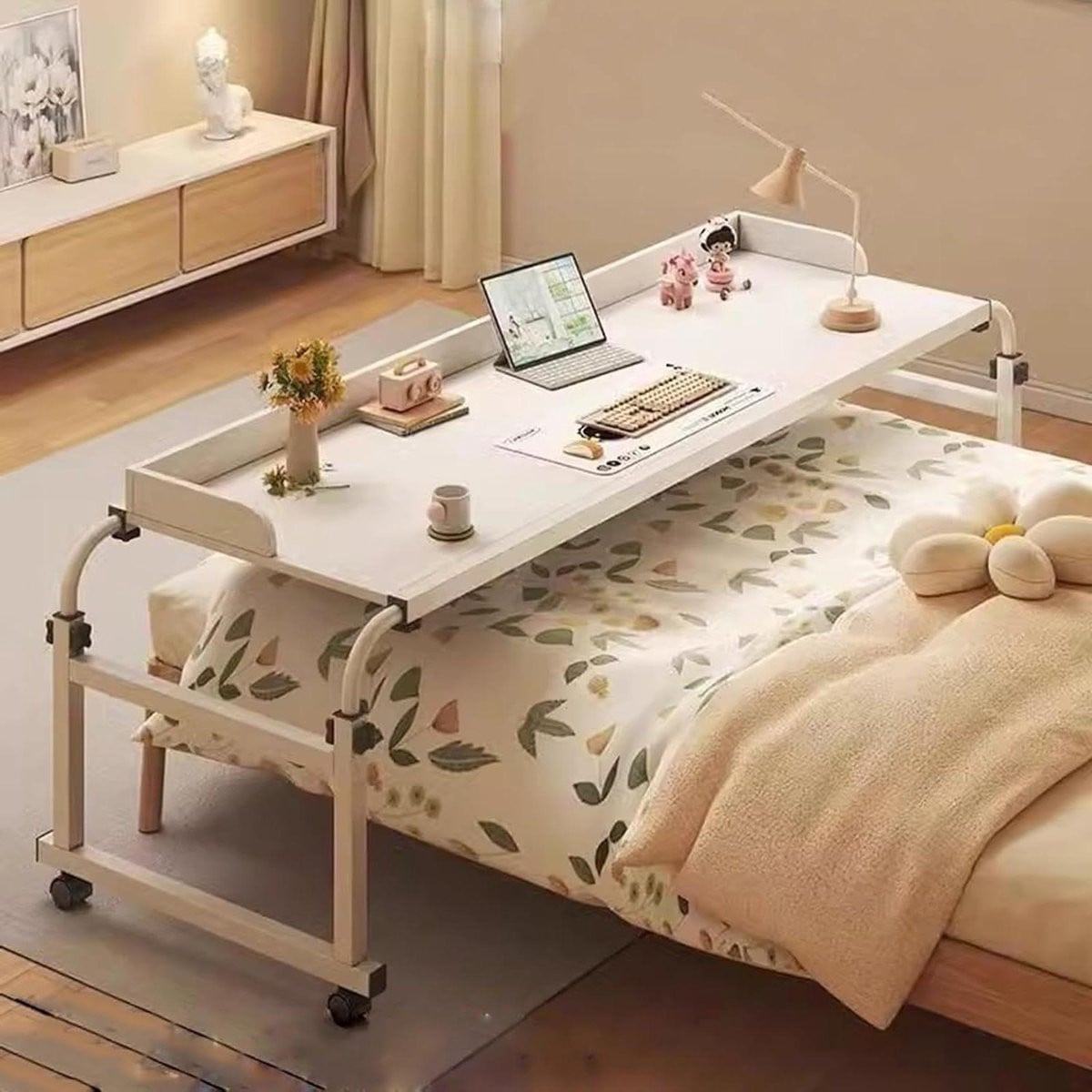Verstelbaar Overbed Bureau - Wit Bedtafel met wieltjes - B/D: 115 x 45 cm