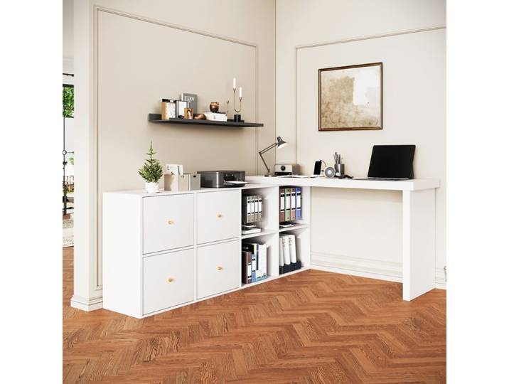 Bureau d'Angle Pivotant 360° avec Rangement 4 Tiroirs et 4 Étagères Bureau Modulable Blanc avec Plateau Épais 4 cm