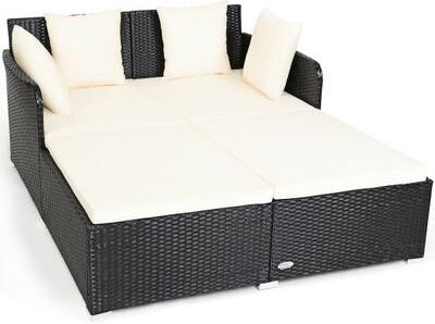 Costway Spacious Outdoor Rattan Daybed with Upholstered Cushions and Pillows-White
