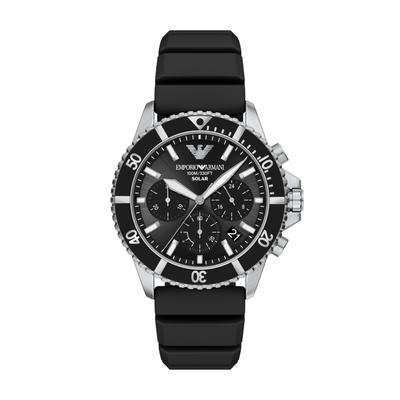 Chronograph EMPORIO ARMANI "WORLD EXPLORER", schwarz (schwarz, schwarz, edelstahlfarben), Armbanduhren, Herren, Chronograph, Armbanduhr, Solar, Silikonarmband, analog, Tag, Stoppfunktion