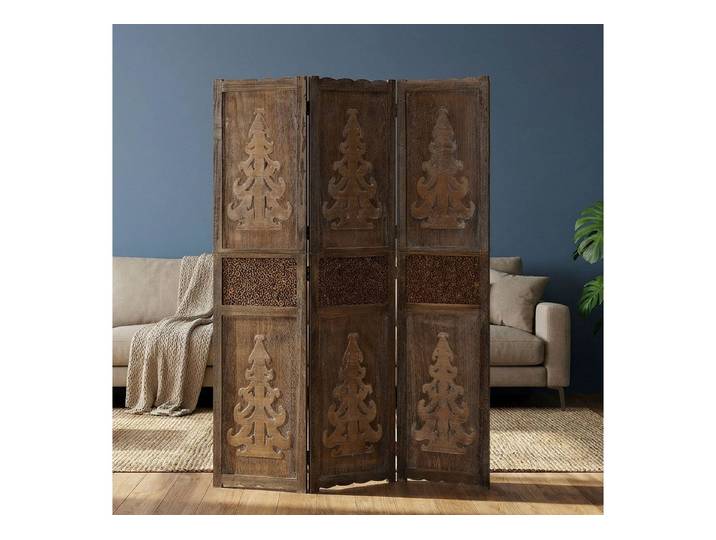 Homestyle4u Paravent Raumteiler Indoor Holz Trennwand spanische Wand Sichtschutz faltbar (3-teilig), Baum Motiv, Holzlamellen, Holzmotiv, Raumtrenner