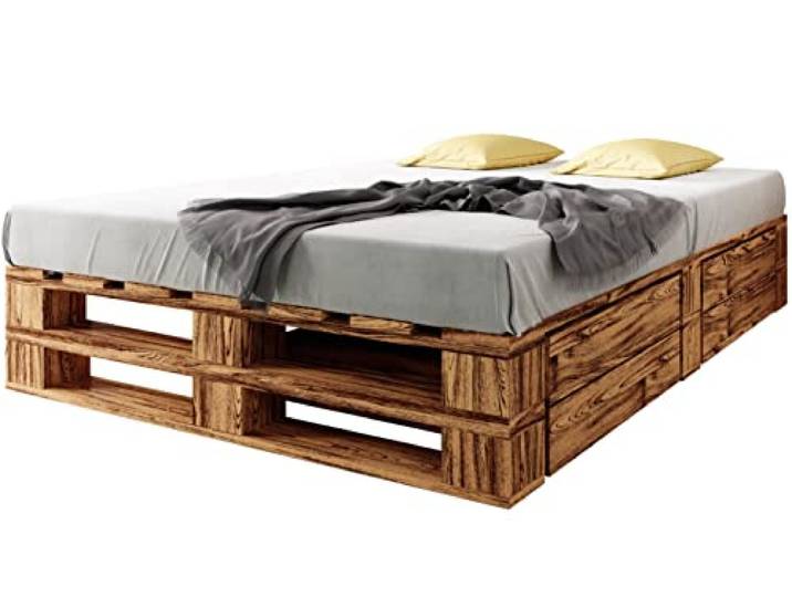 sunnypillow Paletten Bett M2 Holz 180x200cm mit Lattenrost, 2 Bett kästen Doppelbett, Familienbett, erhöhtes Bettgestell Futonbett Komforthöhe Geflammt Massivholzbett