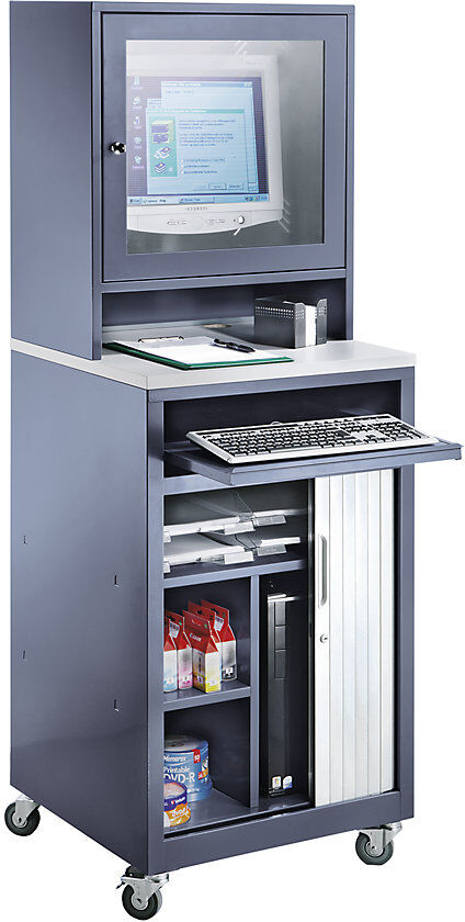 kaiserkraft Computer-Rollladenschrank, für Bildschirm bis 20'', fahrbar, blaugrau