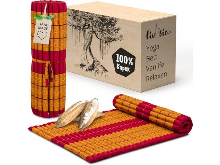 livasia Rollmatte Rollmatratze L breit bequem - 200x110x4,5cm - Gästebett Gästematratze 1 Person, Reisebett Kofferraum Outdoor, Thaimatte Kapok Garten Balkon handgefertigt (Rot/Gelb)