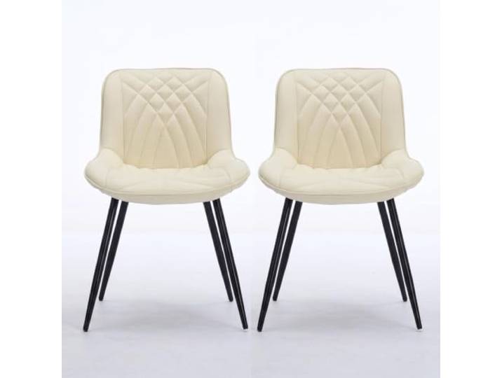 FurnitureR 2er Set Esszimmerstühle, Creme PU-Leder, Metallbeine Perforiertes PU-Leder, 3D-Steppung und schwarze Metallbeine verbinden Komfort, Belüftung und stabilen Halt