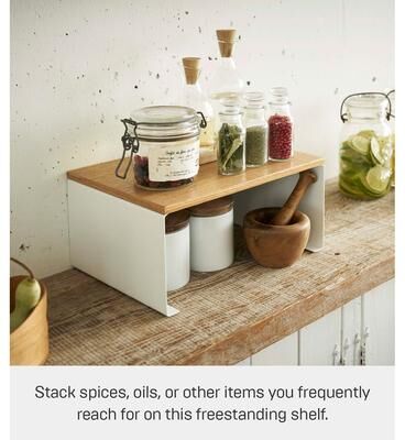 Yamazaki Home Stackable Countertop Shelf - Two Sizes, Steel and Wood, Large, Stack up to two, Holds 11 lbs