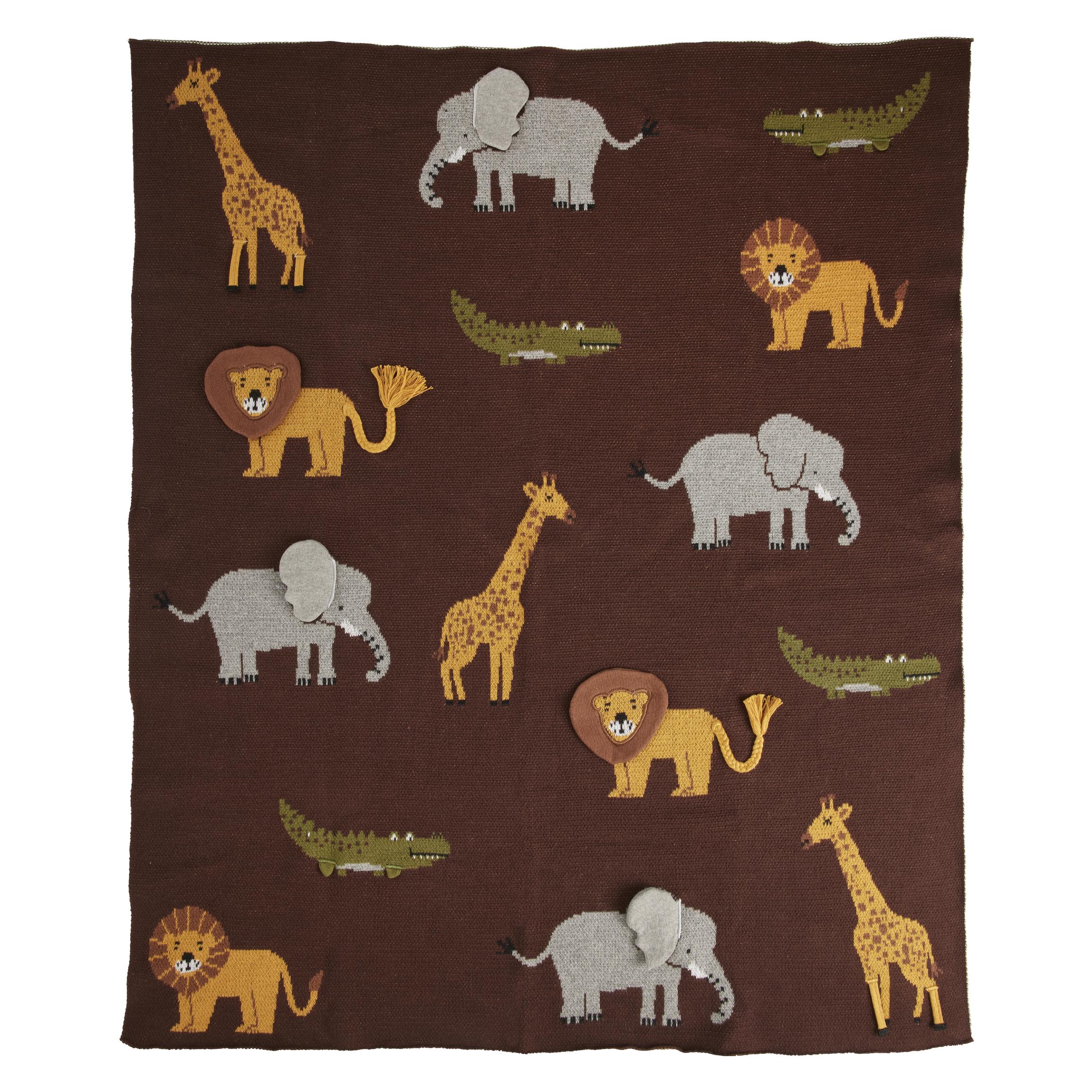 Rice - Knitted Baby Blanket with Animals and 3D Details - Chocolate Brown (100 x 80 cm) (BABLA-ANIB)