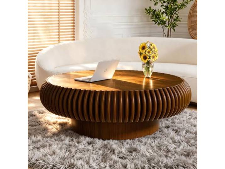 WUPDPQS Runder Geriffelter Couchtisch, Walnut, 100cm Trommelförmig, Holzriffelung, Für Wohnzimmer, Mid-Century-Modern-Stil, Kaffetisch Für Kleine Räume