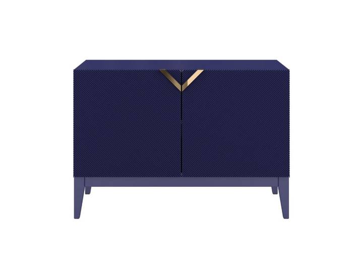 Visby Sideboard Demi 2D Long, Marinblau-Gold, Mit Gefrästen Fronten, Massive Buche, Dunkelblau, Buchenholz, 100.5x70x42 cm, Kleinmöbel, Kommoden, Sideboards