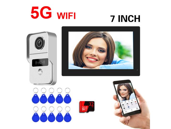 Interphone vidéo 5G Wifi TUYA 1080P, écran tactile de 7 pouces, contrôle d'accès, sonnette vidéo, système de téléphone de porte, déverrouillage RFID, caméra