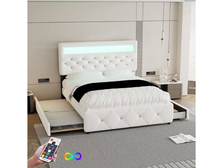 Lit coffre - SINGULARITY - 140x200 - Lit gigogne - 2 tiroirs - Bande lumineuse LED