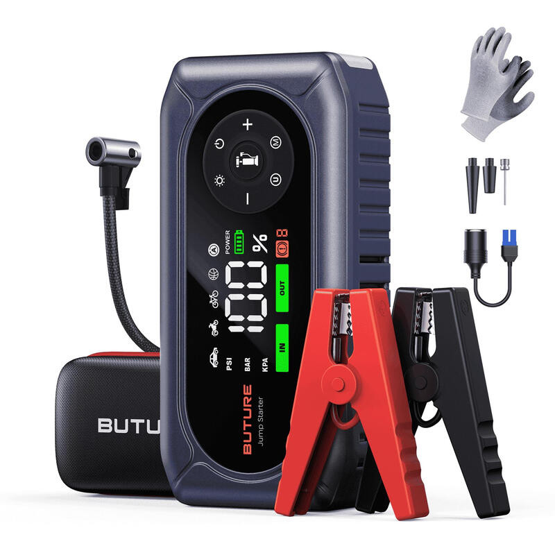 BuTure BC02 4500 A Jumpstarter met luchtcompressor en powerbank – 5-in-1 draagbare startkabel voor 12V-voertuigen (tot 9,0 L benzinemotoren/8,0 L dieselmotoren), 150PSI bandenpomp en 500 lumen LED-zaklamp