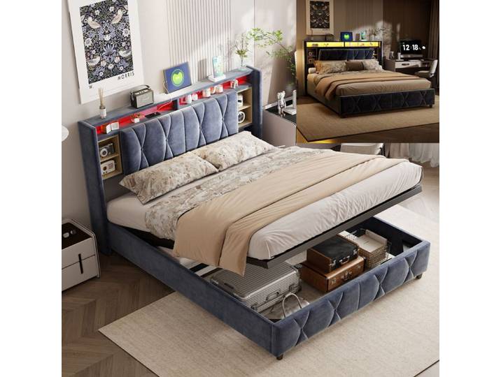 Lit double 160x200 avec rangement - Lit avec rangement LED et USB - Tête de lit avec rangement - Avec sommier à lattes-Velours