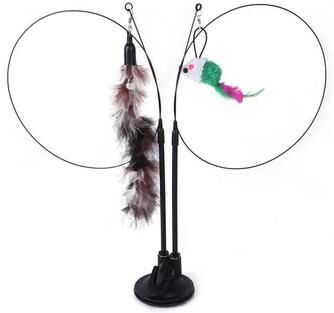 Inspired Living PurrPlay Suction Cup Cat Wand Toy With Feather Mouse Teaser & Bell 7