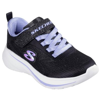 Sneaker SKECHERS "WAVE 92", Mädchen, Gr. 27, schwarz (schwarz, lila), Lederimitat, Textil, Glitzer, Schuhe Sneaker, Schlupfschuh mit Glitzer für Mädchen, Größenschablone zum Download