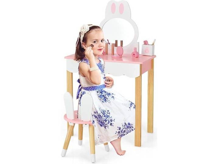 GOPLUS Ensemble de Coiffeuse et Tabouret Enfant avec Miroir Amovible Tiroir et 2 Boîtes de Rangement 60x34x103 5cm Rose