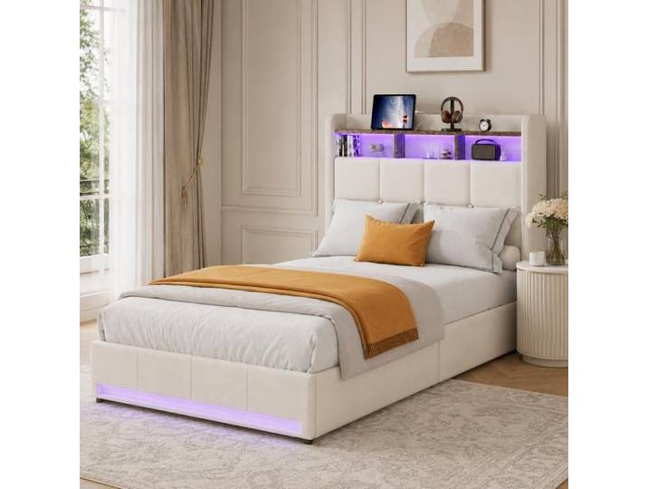 Lit Coffre Capitonné 90x200 avec LED Cadre de Lit 90x200 Lit Rembourré avec 2 tiroirs Lit Simple avec USB et USB-C Lin-DADEA