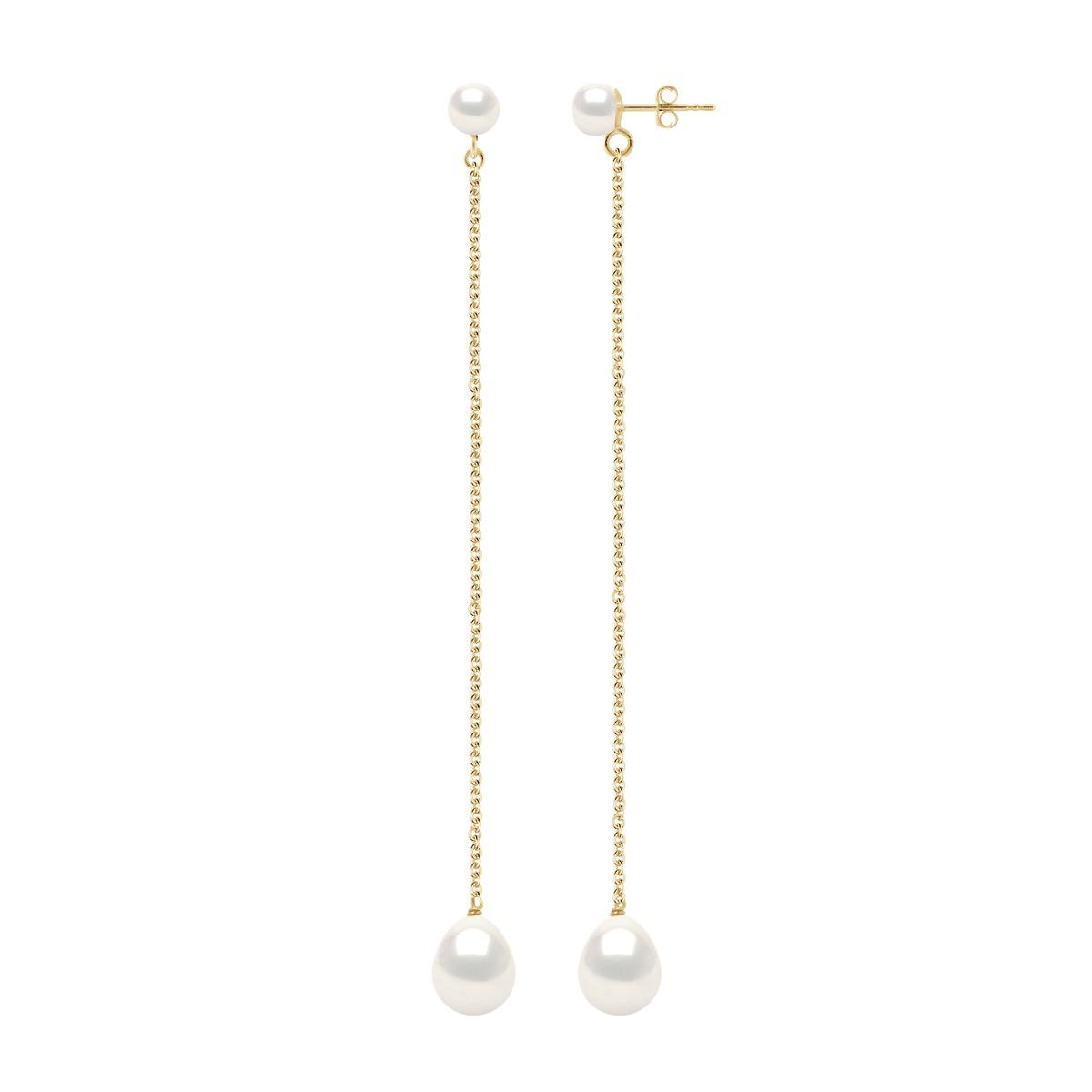 Doppelte Ohrringe aus Gelbgold – echte Süßwasser-Zuchtperlen, Knopf 5–6 mm + Birne 8–9 mm