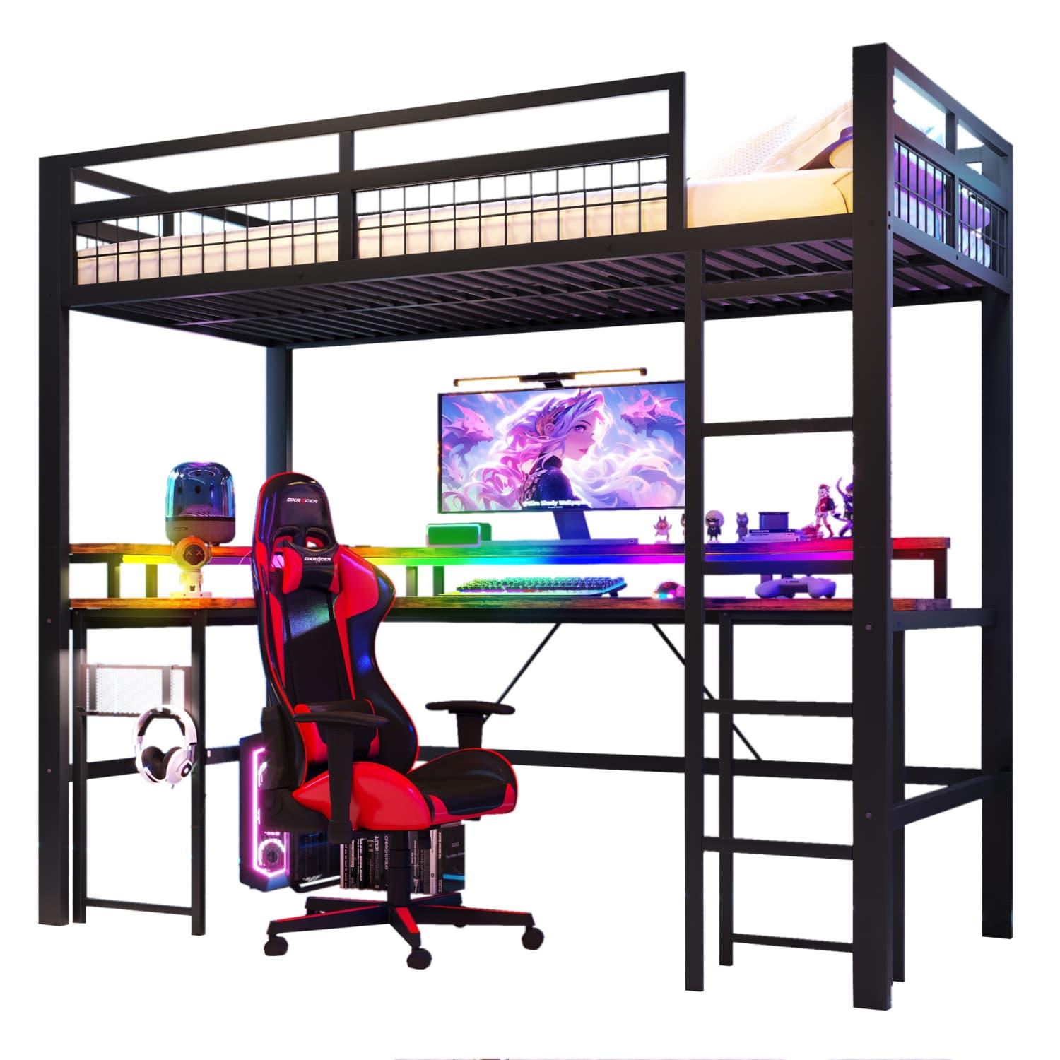 Hochbett,Eisenrahmen, mit farbwechselnder LED-Lichtleiste, mit Schreibtisch, 1 USB-Anschluss + 1 Typ-C-Anschluss und 2 Steckdosen, mit Lochwand