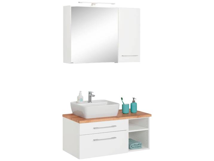 Badmöbel-Set WELLTIME Davos , weiß, Becken links, Kastenmöbel-Sets, Badmöbel-Set, Spiegelschrank mit extra Regal