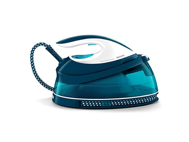 Philips centrale vapeur PerfectCare Compact Plus\, 6.5 bars\, 1.5L\, Bleu Vapeur 120g/min\, Pressing 400g\, 2400W\, technologie OptimalTEMP\, semelle SteamGlide\, 0 réglage\, vapeur verticale (GC7844/20)