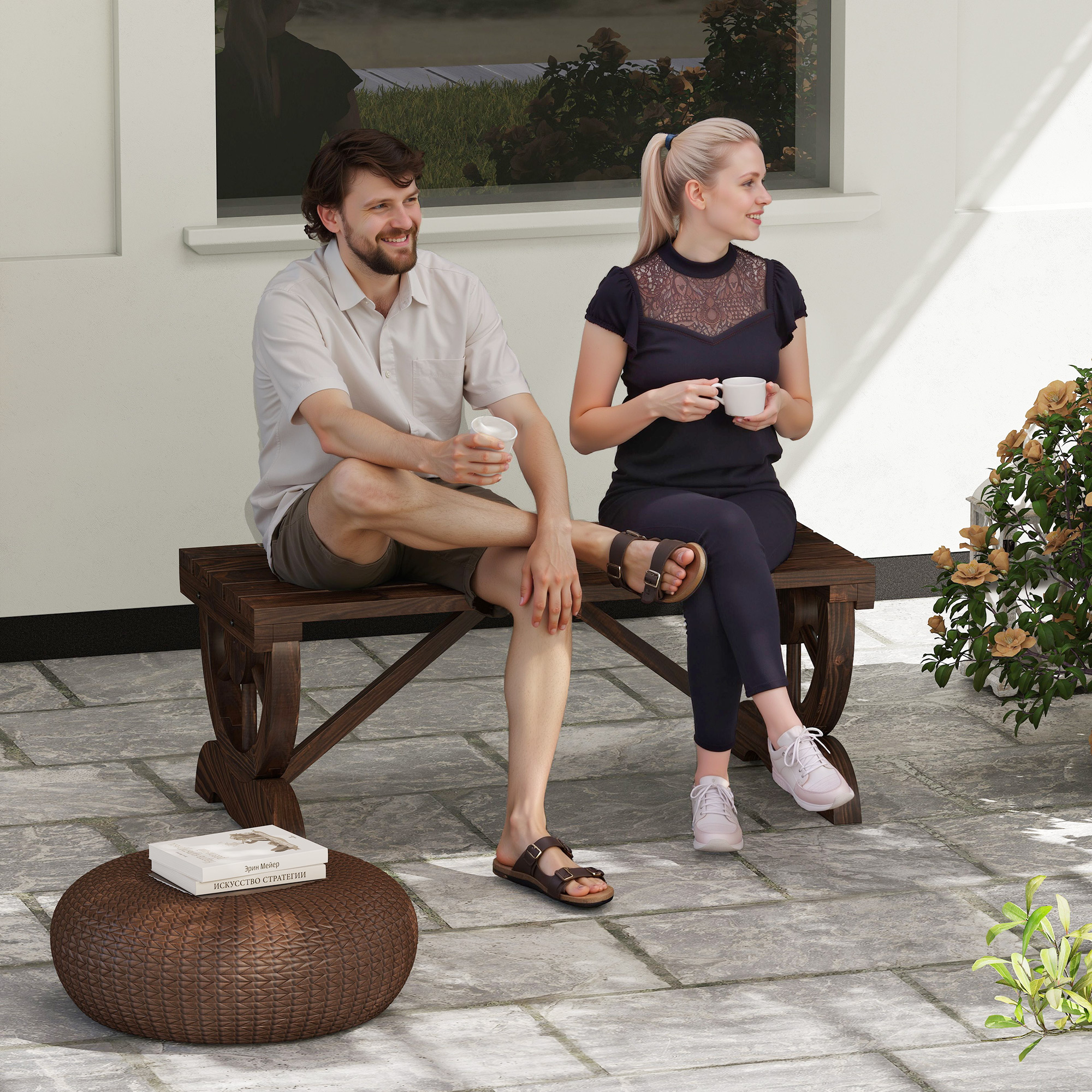 Outsunny Panca a 2 Posti da Esterno in Legno di Abete con Effetto Bruciato (98x50x39.5cm) Gambe con Design a Ruota(Ø41cm) Aosom