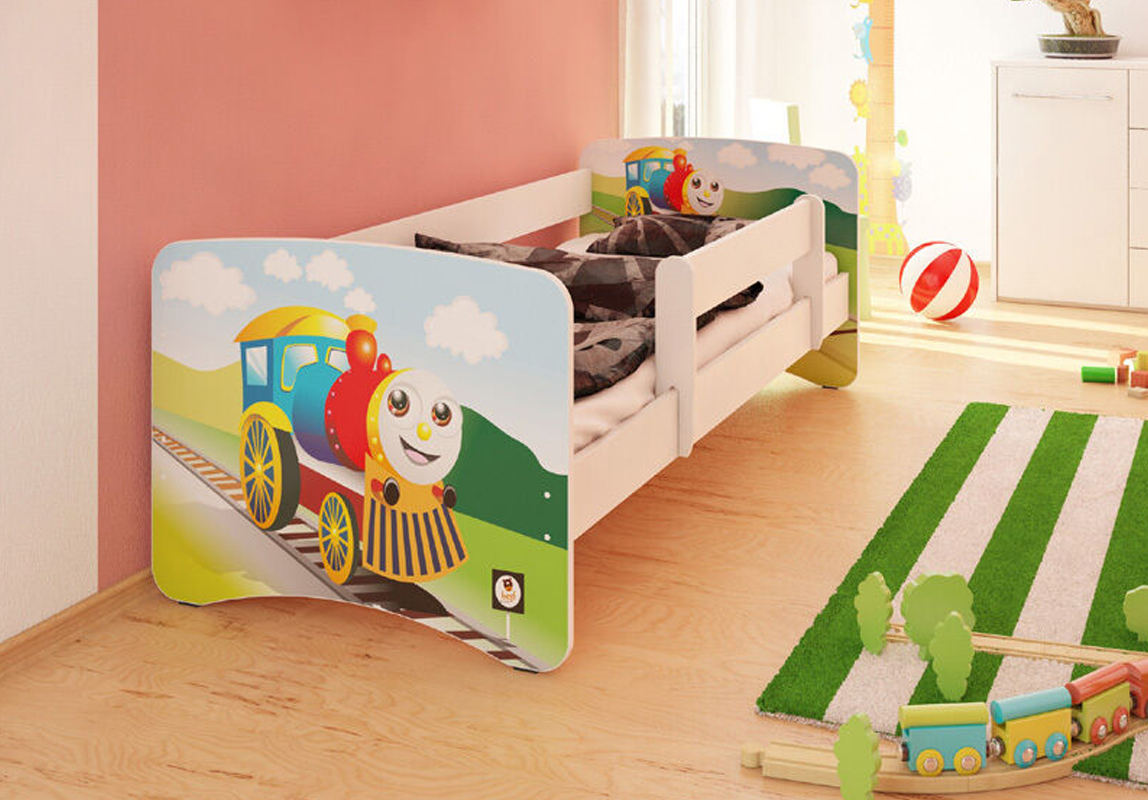 Best for Kids Kinderbett 90x200 cm mit Matratze und Rausfallschutz Lokomotive