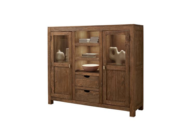 Highboard Mango massiv gebeizt montiert - Glastüren - MANGALA