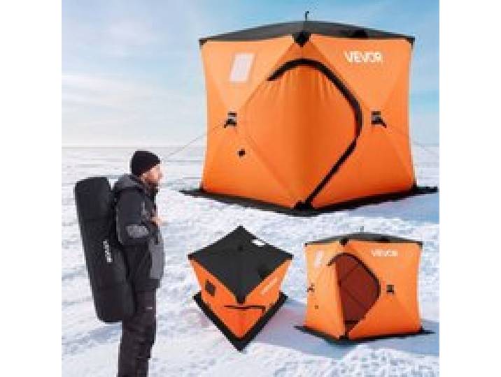VEVOR Eisangelzelt Eisfischerzelt für 1-2 Personen 1,52x1,52x1,75m Isoliert, fürs Winterangeln, 2,31 m² Fläche, 600D 4-Lagiges Gewebe, Tragbares Eisschutzzelt im Hub-Stil mit Ankern, Seilen, Tragetasche