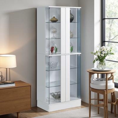 ZWYO HOSIMU "64"" LED-Lit 4-Door Glass Curio Cabinet with 6 Display Tiers, Black High Gloss Finish, Tempered Glass Panels & Contemporary Home"