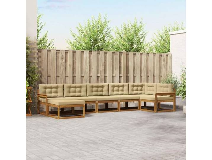 RJPLMFV Ecksofa für den Außenbereich, 7-Sitzer, Akazie, Natur Modular, Rückenlehne mit Latten, bequeme Armlehnen, regenfest, pflegeleicht