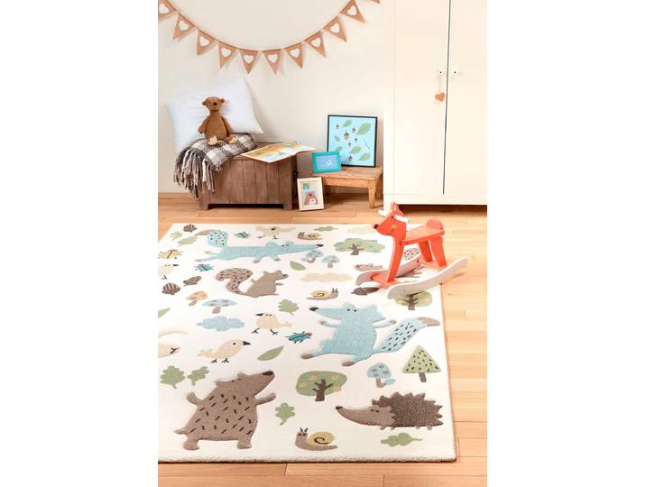 Kinderteppich SIGIKID Forest Gr. 3, beige (beige, blau), B:120cm H:13mm L:170cm, Kunstfaser, Teppiche, Kinderteppich, Wald Tiere Design, Kurzflor