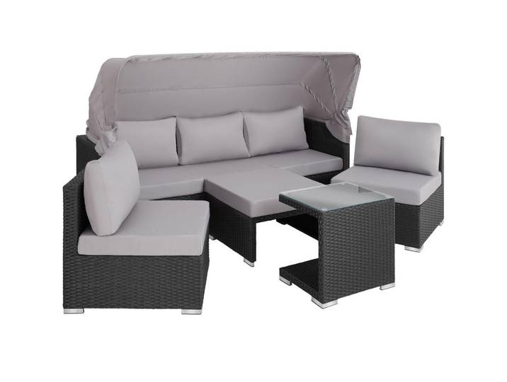 tectake Rattanlounge aus Aluminium San Marino, mit klappbarem Sonnenschutz, schwarz, Schwarz, Kunststoff, Organisch, 68x131x199 cm, Gartenmöbel, Loungemöbel, Gartensofas & Loungesofas