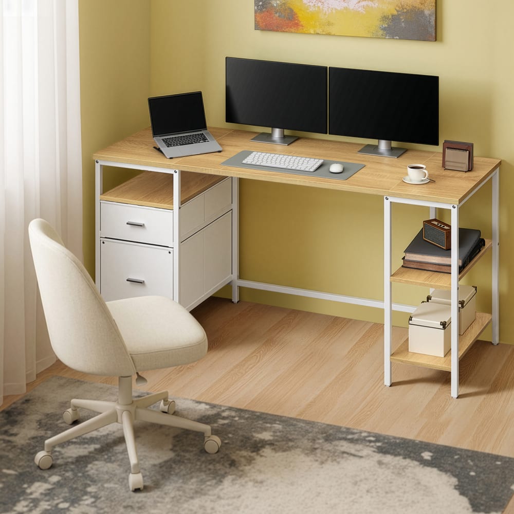 VASAGLE Bureau d ordinateur 3 étagères 2 tiroirs mdf doré chêne Multicolore 160x76x60cm