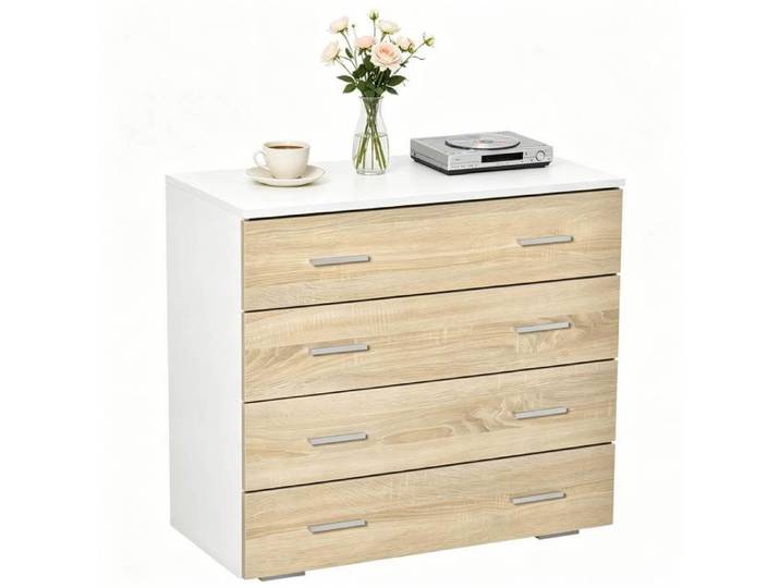 Commode 4 tiroirs – Blanc et bois clair – Panneaux de particules – 76 x 35 x 72 cm