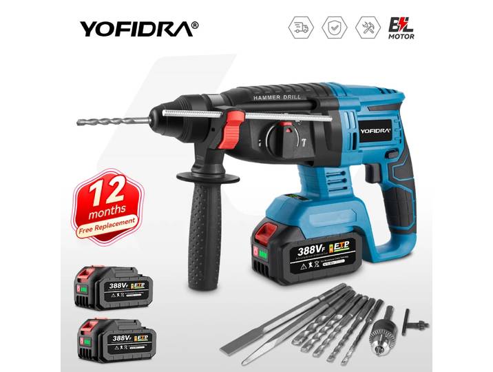 Marteau perforateur électrique sans fil YOFIDRA 26 mm, multifonctionnel, rechargeable, compatible avec les batteries Makita 21V.